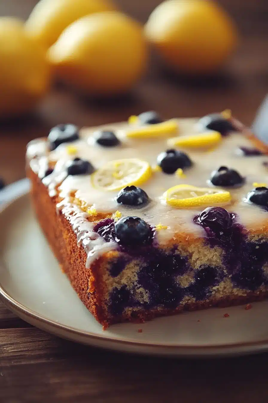 Close-up of a lemon blueberry cake with fresh blueberries and lemon zest on top