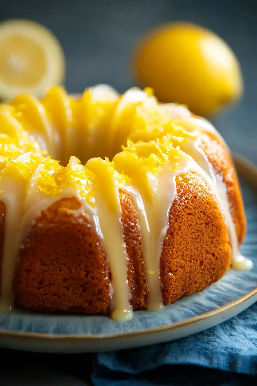 Close-up of a lemon cake with a slice cut out, showcasing its moist texture and vibrant yellow color.