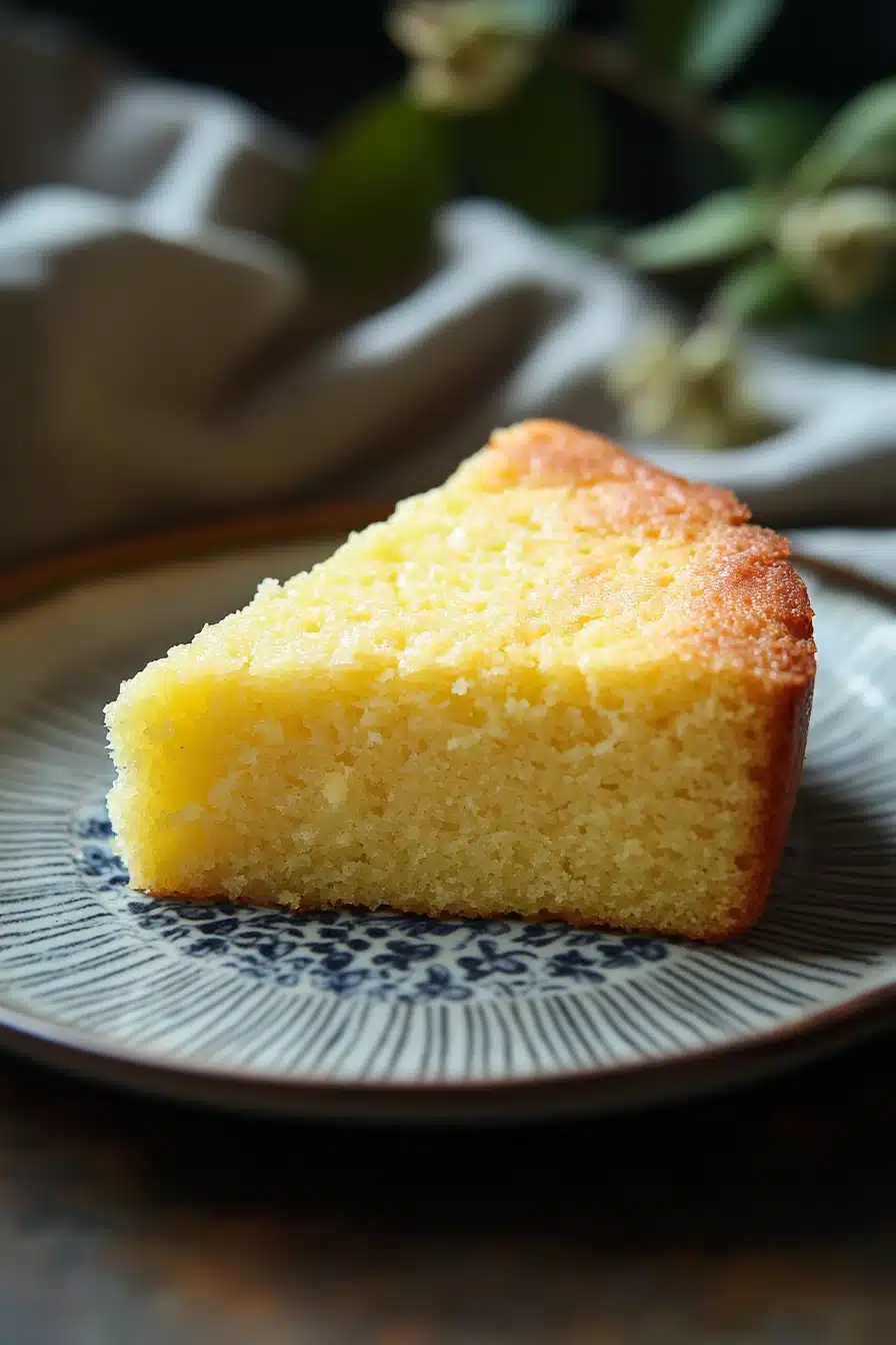 Close-up of a lemon cake without frosting on a white plate with a clean background.