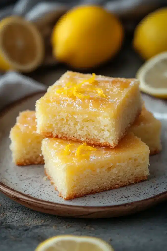 Close-up of lemon cake squares with a bright, warm background.