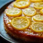 Close-up of a lemon cake upside down with bright, warm lighting and minimal background.