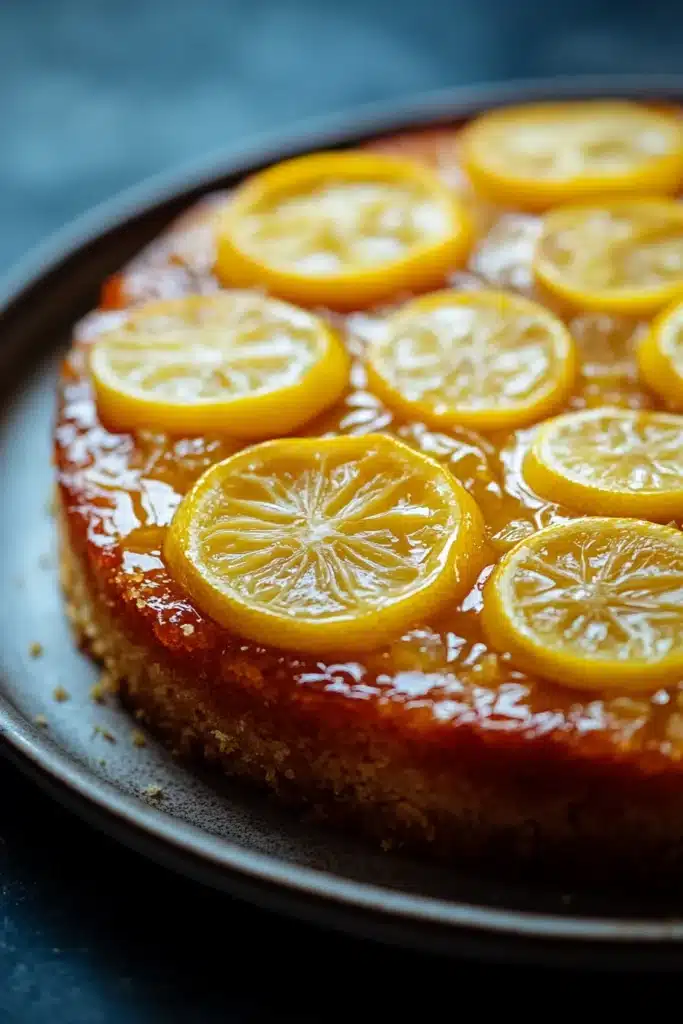 Close-up of a lemon cake upside down with bright, warm lighting and minimal background.
