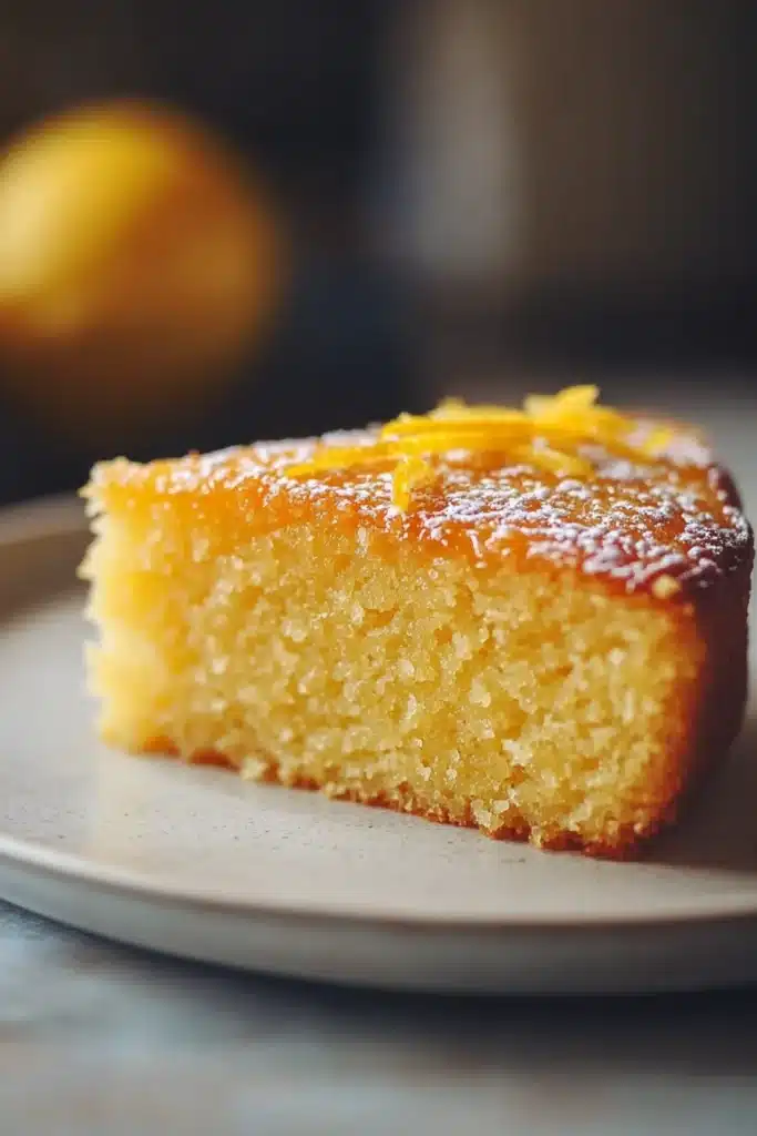 Close-up of a lemon cake with high altitude adjustment, showcasing bright and warm lighting.