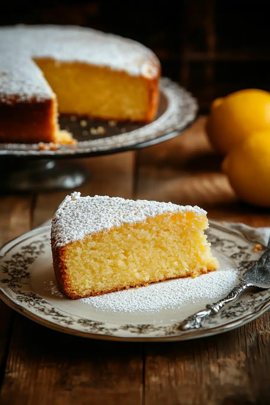 Close-up of a lemon cake with Italian ingredients, showcasing a bright and appetizing presentation.