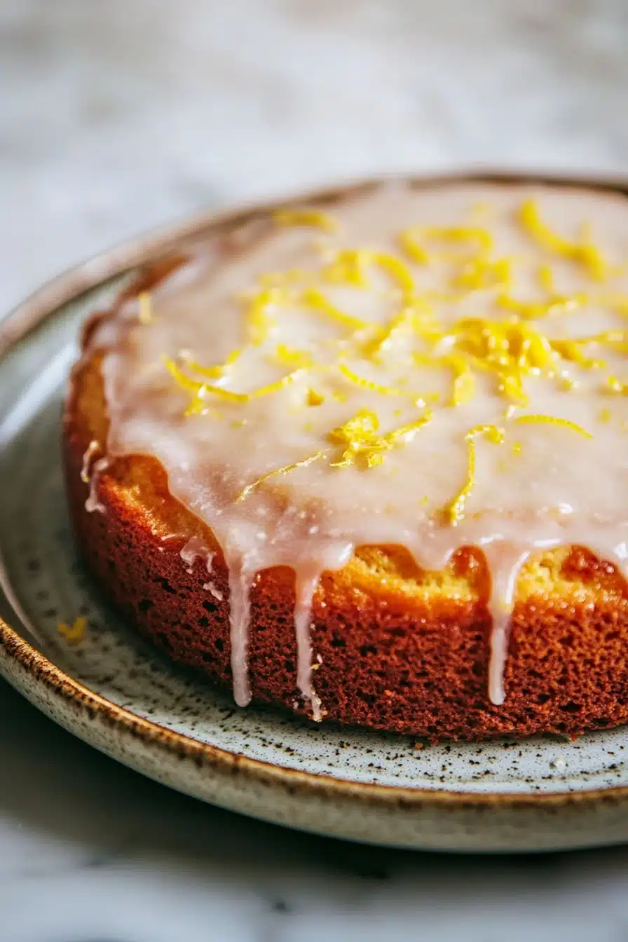 Close-up of a lemon cake with a slice cut out, showcasing its moist texture and vibrant yellow color.