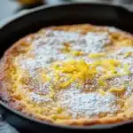 Close-up of a lemon cookie skillet with golden brown edges and a soft center.