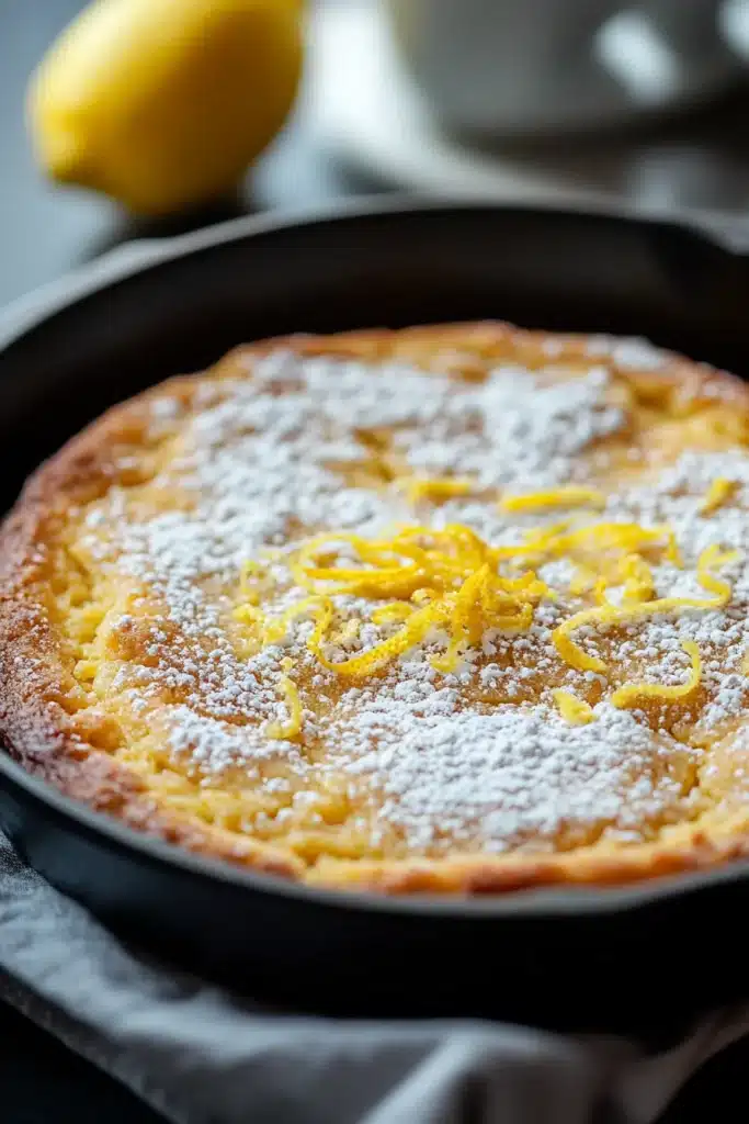Close-up of a lemon cookie skillet with golden brown edges and a soft center.