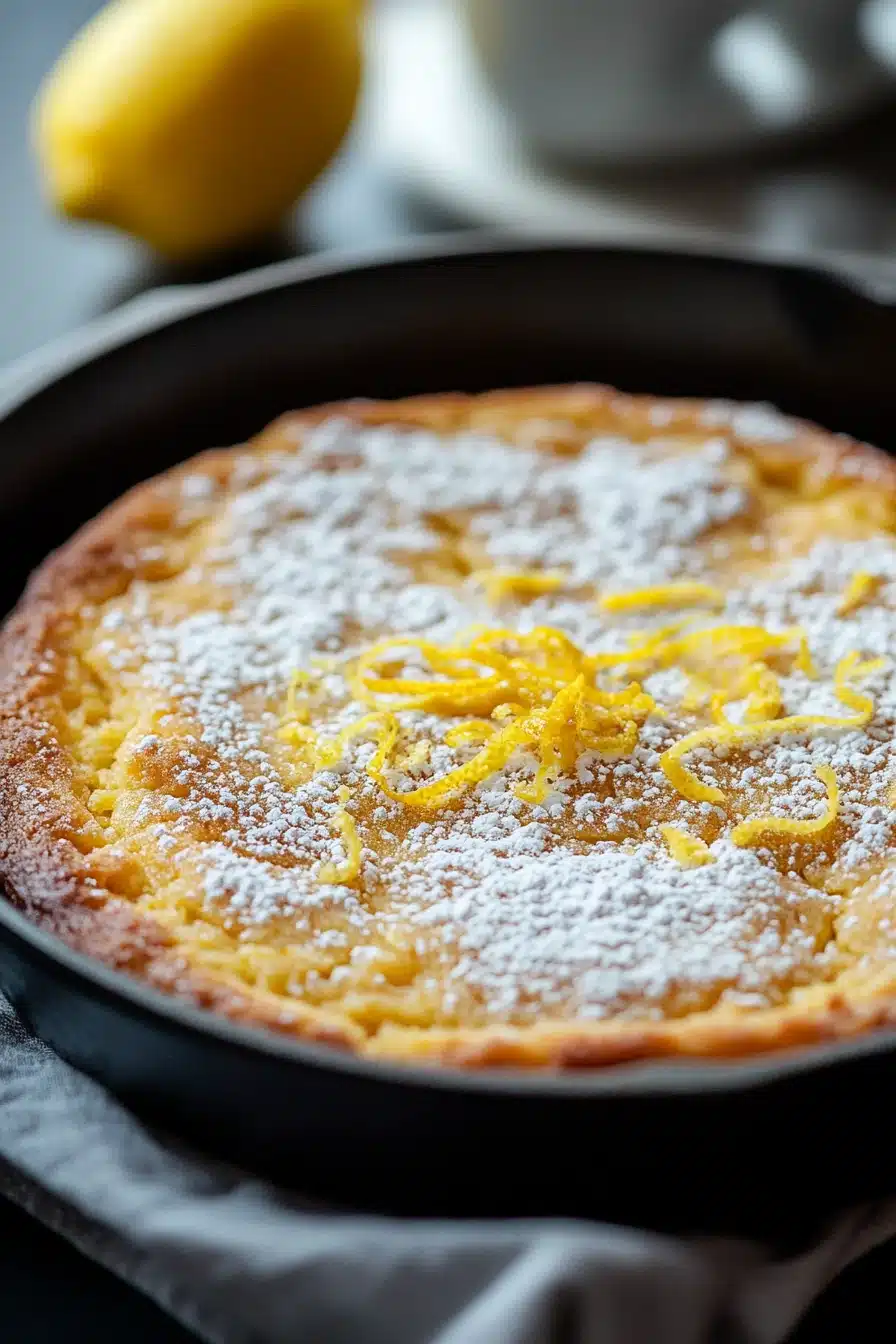 Close-up of a lemon cookie skillet with golden brown edges and a soft center.