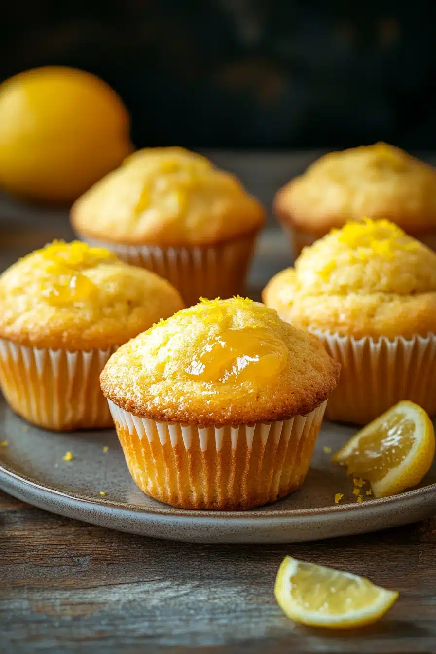 Close-up of lemon muffins with lemon curd on a white plate, showcasing vibrant yellow and soft textures.