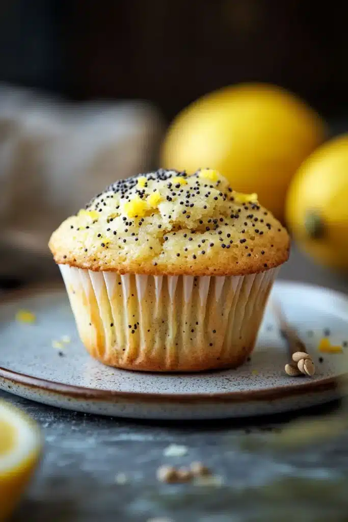 Close-up of a lemon poppyseed muffin with a bright, appetizing appearance.