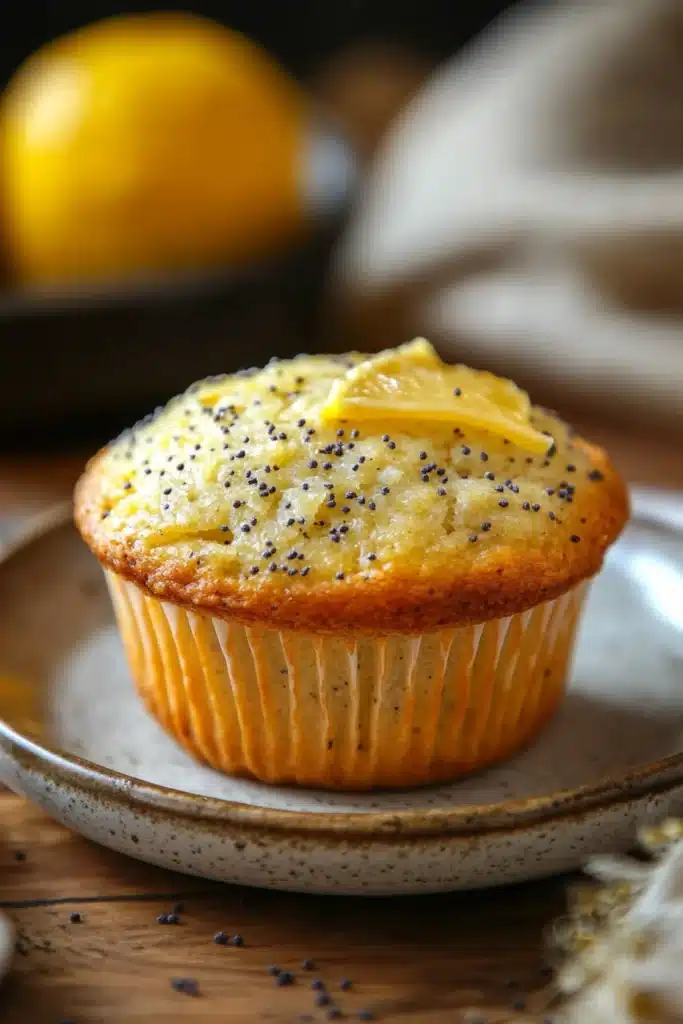 Close-up of a lemon poppyseed muffin sourdough with a golden crust and poppy seeds.