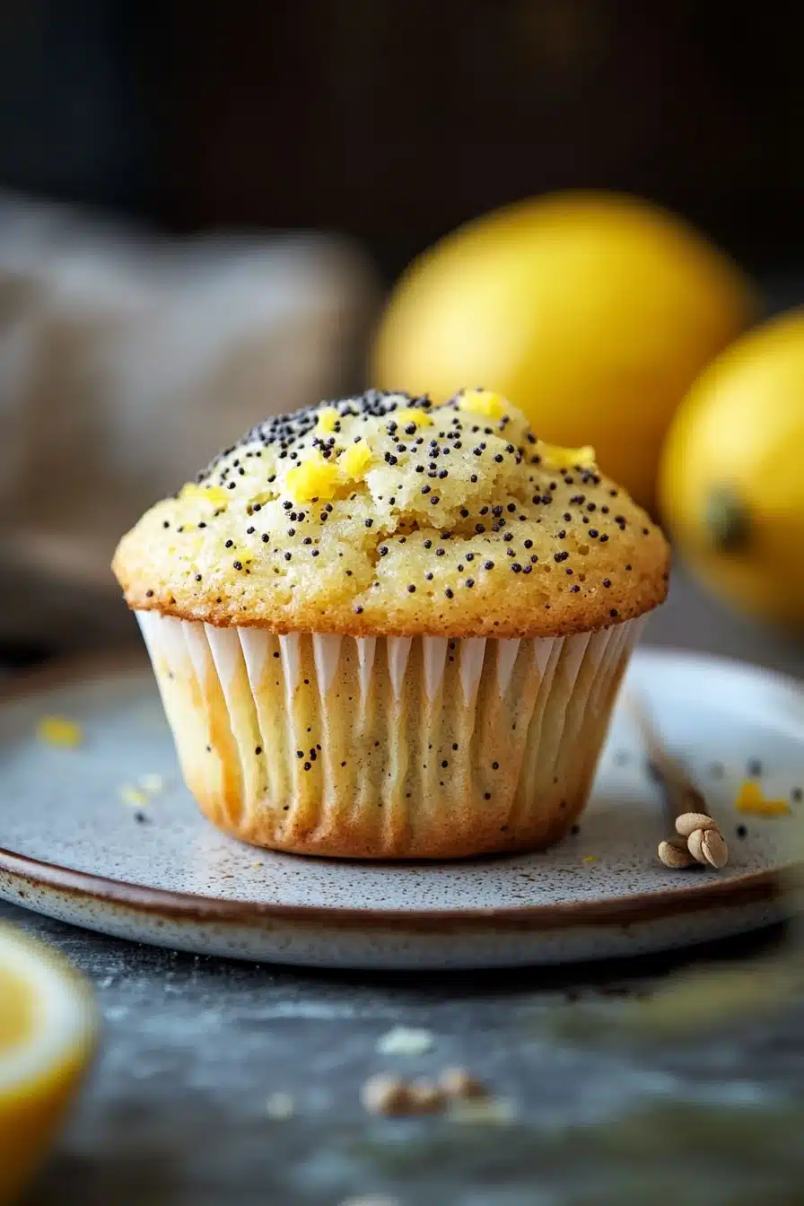 Close-up of a lemon poppyseed muffin with a bright, appetizing appearance.
