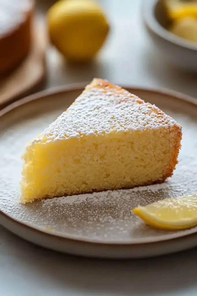 Close-up of a lemon zest cake slice with bright lighting and clean background