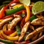 Close-up of low calorie chicken fajitas with colorful vegetables on a plate