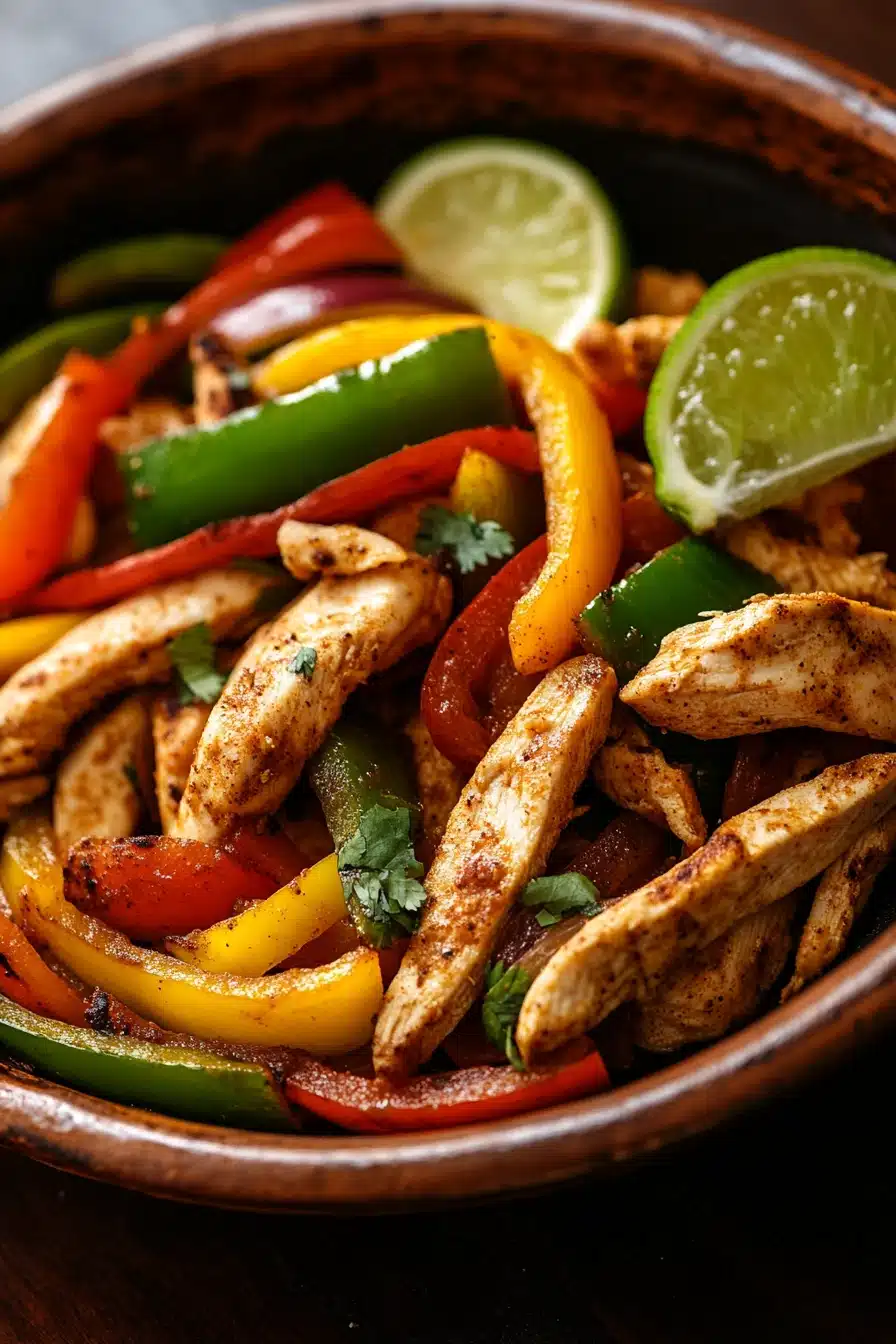 Close-up of low calorie chicken fajitas with colorful vegetables on a plate