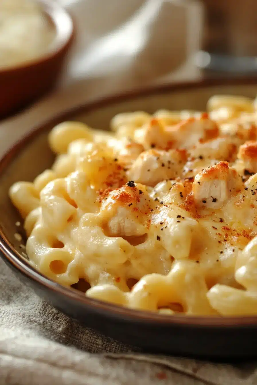 Close-up of creamy low calorie chicken mac and cheese with pasta and cheese topping