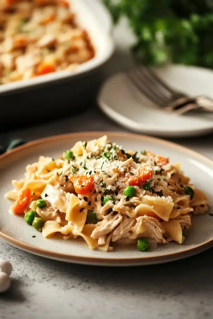 Close-up of a low calorie chicken noodle casserole with golden crust and herbs.
