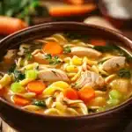 Close-up of a bowl of low calorie chicken noodle soup with visible chicken pieces and noodles.