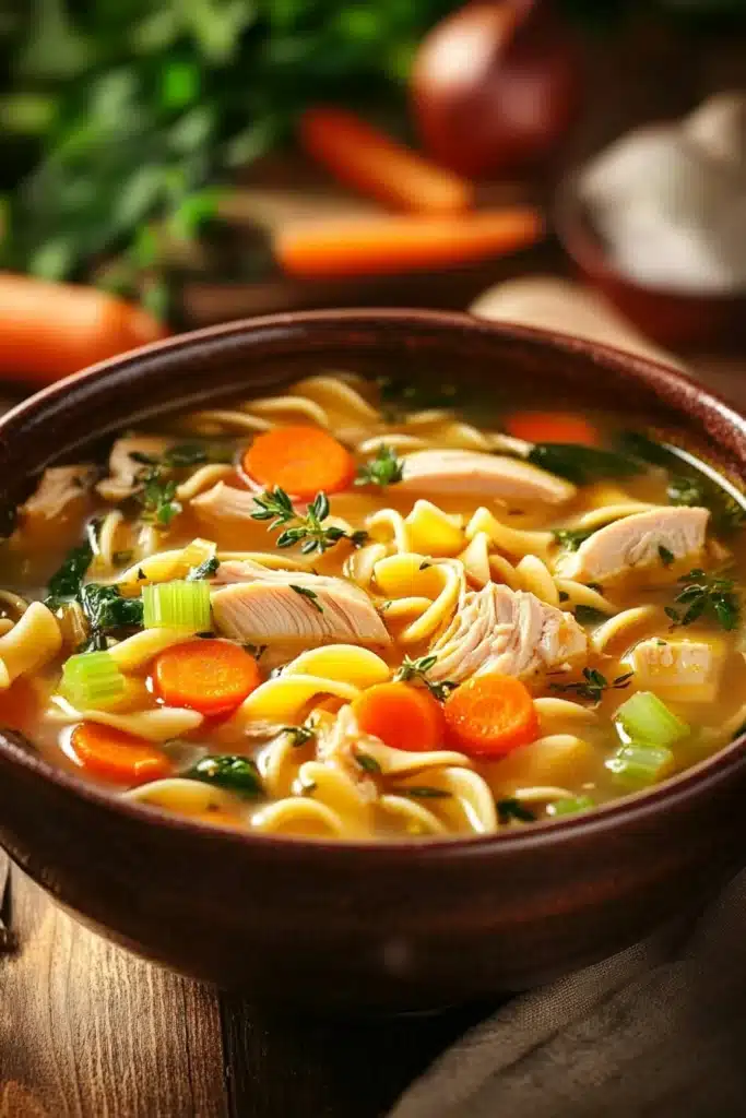 Close-up of a bowl of low calorie chicken noodle soup with visible chicken pieces and noodles.