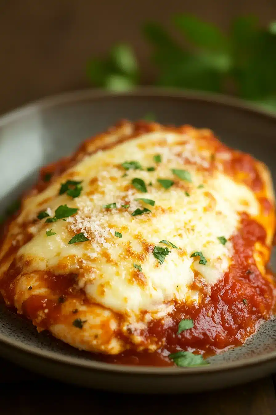 Close-up of low calorie chicken parm with melted cheese and tomato sauce on a white plate.