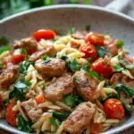 Close-up of low calorie chicken sausage orzo with fresh herbs and creamy sauce