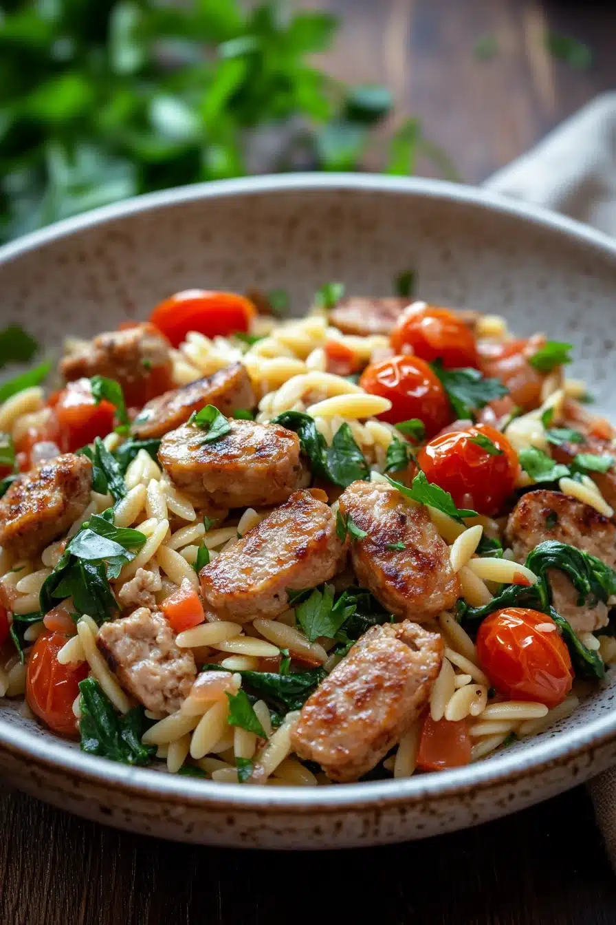 Close-up of low calorie chicken sausage orzo with fresh herbs and creamy sauce