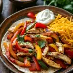 Close-up of make ahead chicken fajitas for a crowd with vibrant peppers and grilled chicken.