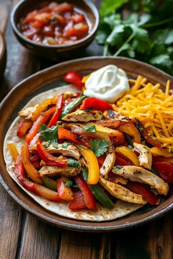 Close-up of make ahead chicken fajitas for a crowd with vibrant peppers and grilled chicken.