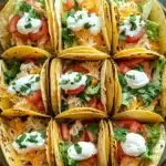 Close-up of make ahead chicken tacos with fresh toppings and warm tortillas
