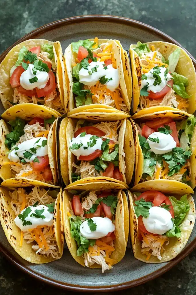 Close-up of make ahead chicken tacos with fresh toppings and warm tortillas