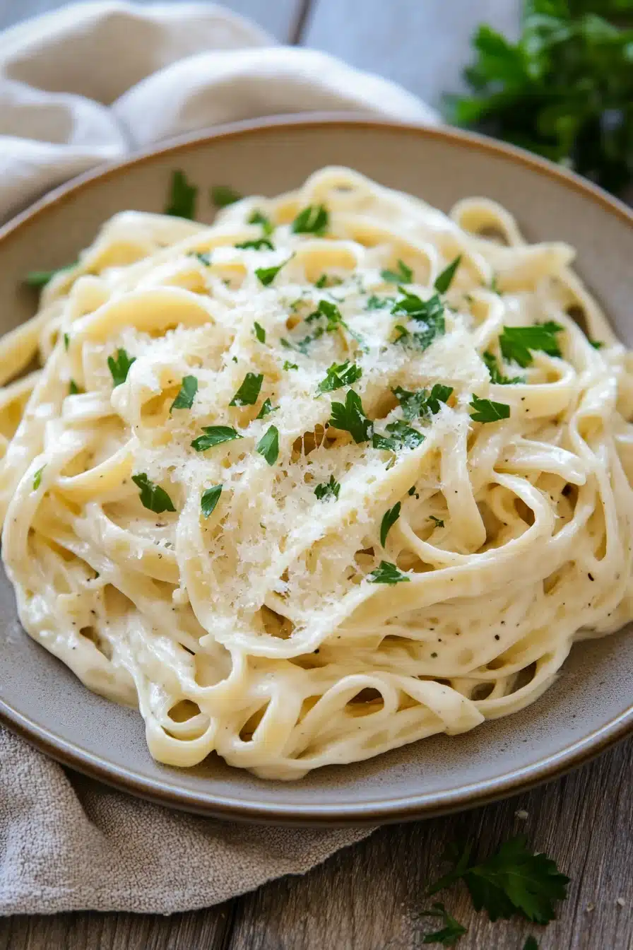 Close-up of make ahead pasta alfredo with creamy sauce and herbs