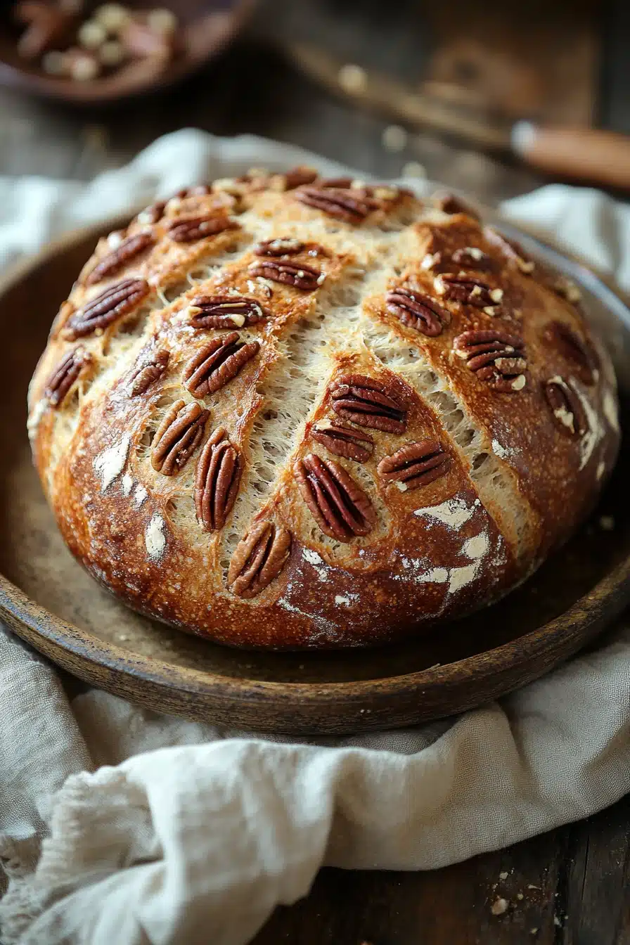 Close-up of maple pecan no knead bread with a golden crust and pecan topping
