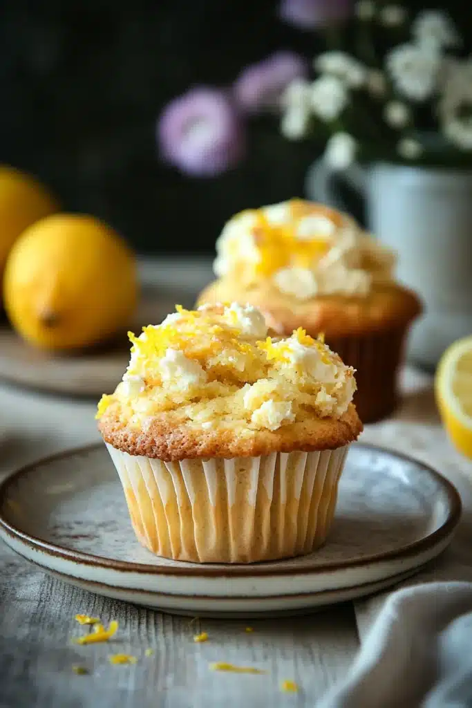 Close-up of freshly baked muffin allo yogurt e limone with a golden crust on a clean background.