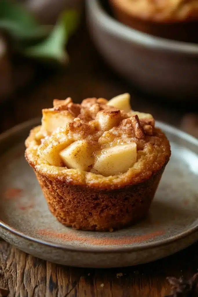 Close-up of a muffin with apple pie filling, showcasing golden crust and warm tones.