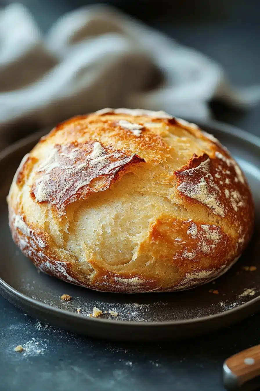 Golden-brown no knead bread with crispy crust made in air fryer