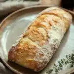 Close-up of a freshly baked no knead bread baguette with a golden crust