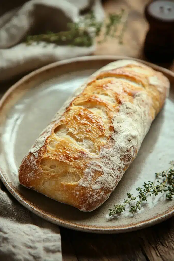 Close-up of a freshly baked no knead bread baguette with a golden crust