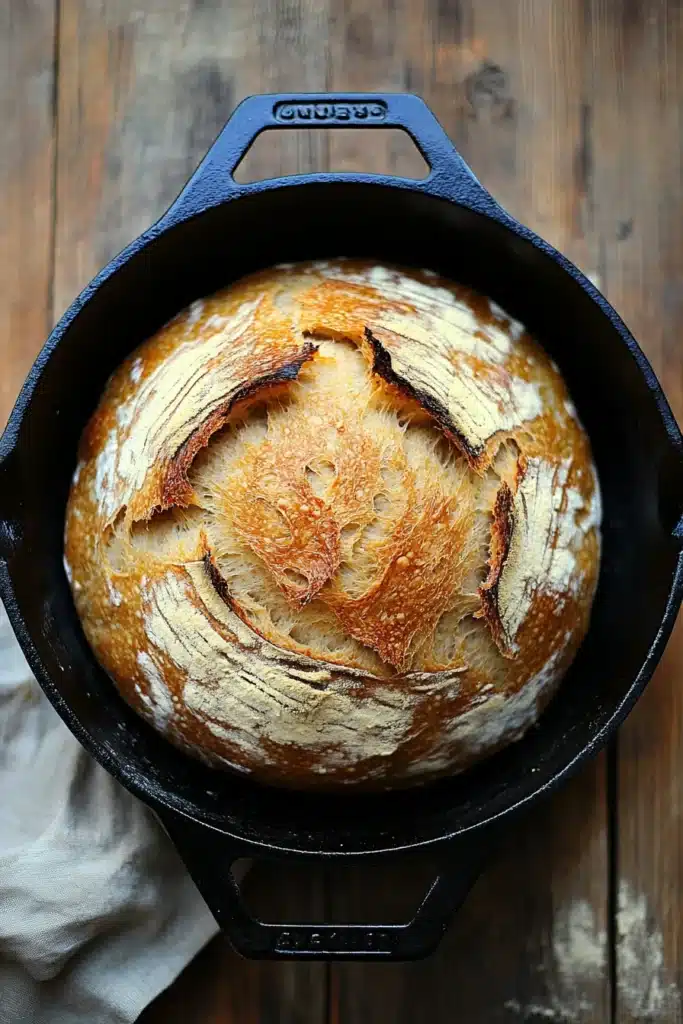 Close-up of golden no knead bread in a cast iron dutch oven with a crispy crust.