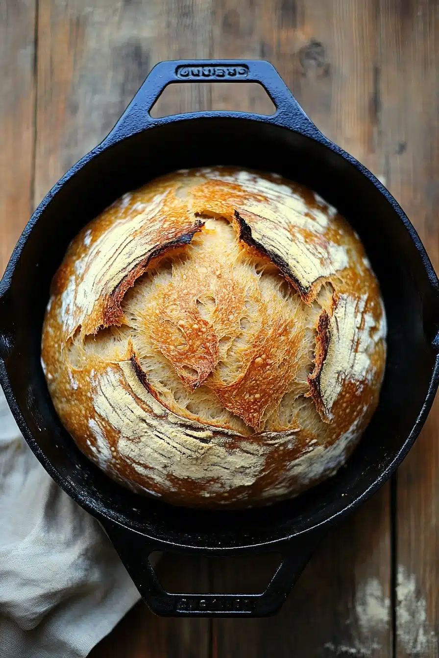 Close-up of golden no knead bread in a cast iron dutch oven with a crispy crust.