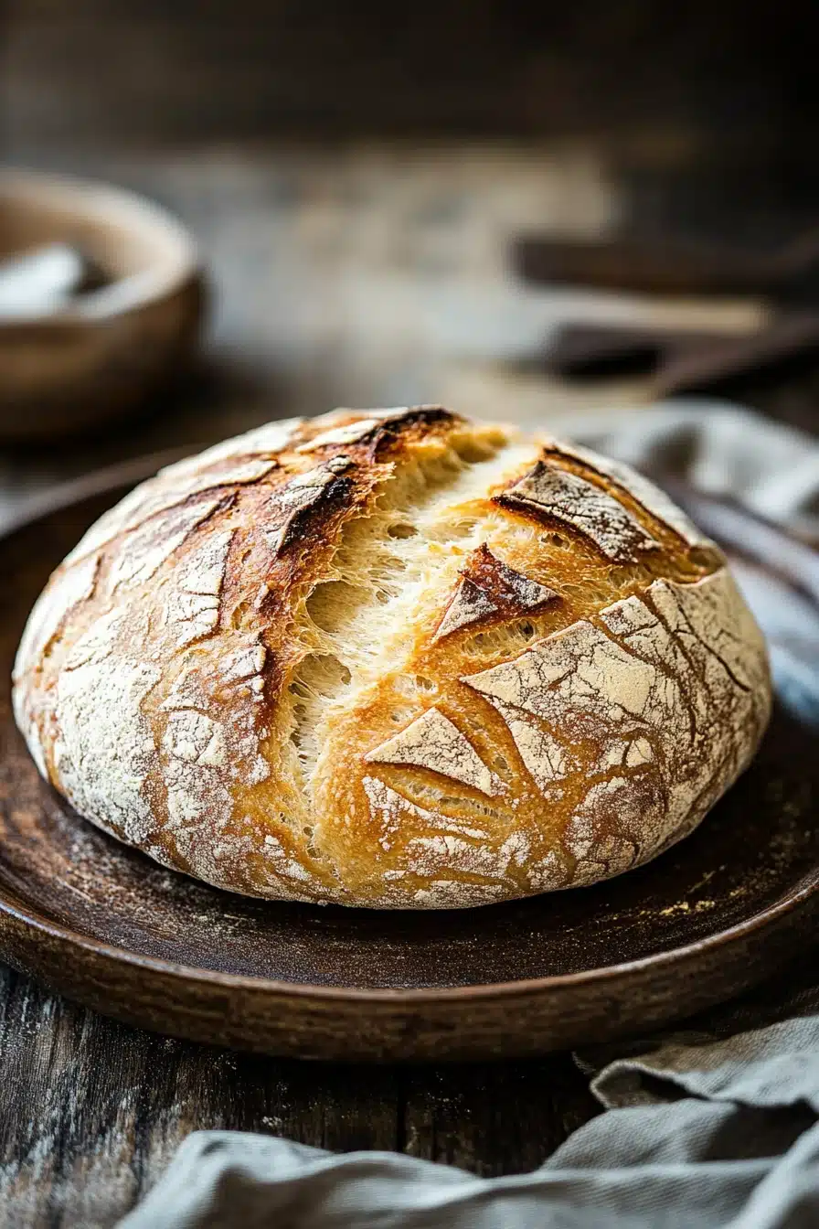 Close-up of no knead bread dough on a wooden surface with flour dusting