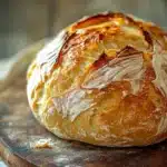 Close-up of freshly baked no knead bread on a pizza stone with a golden crust.