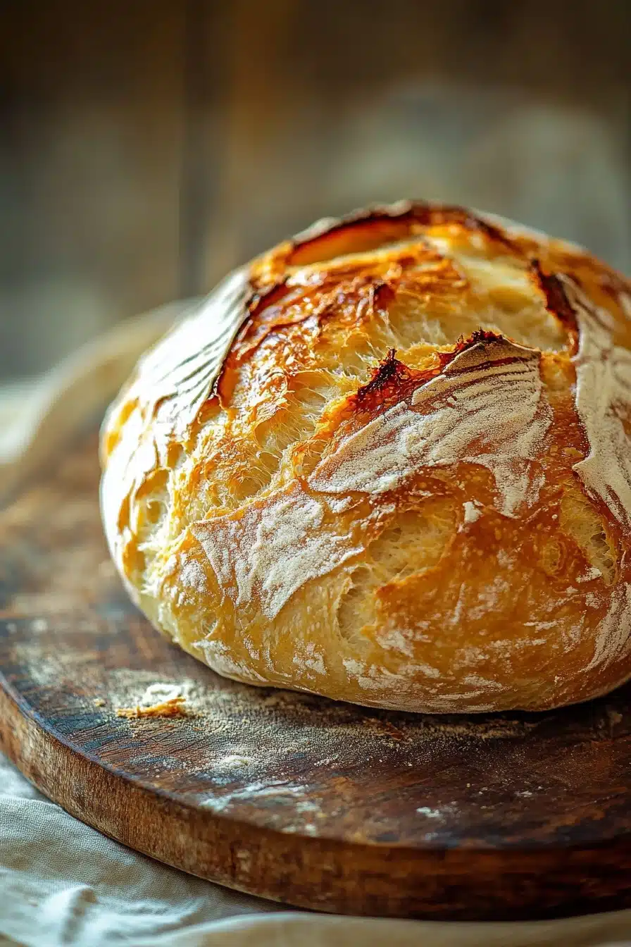 Close-up of freshly baked no knead bread on a pizza stone with a golden crust.