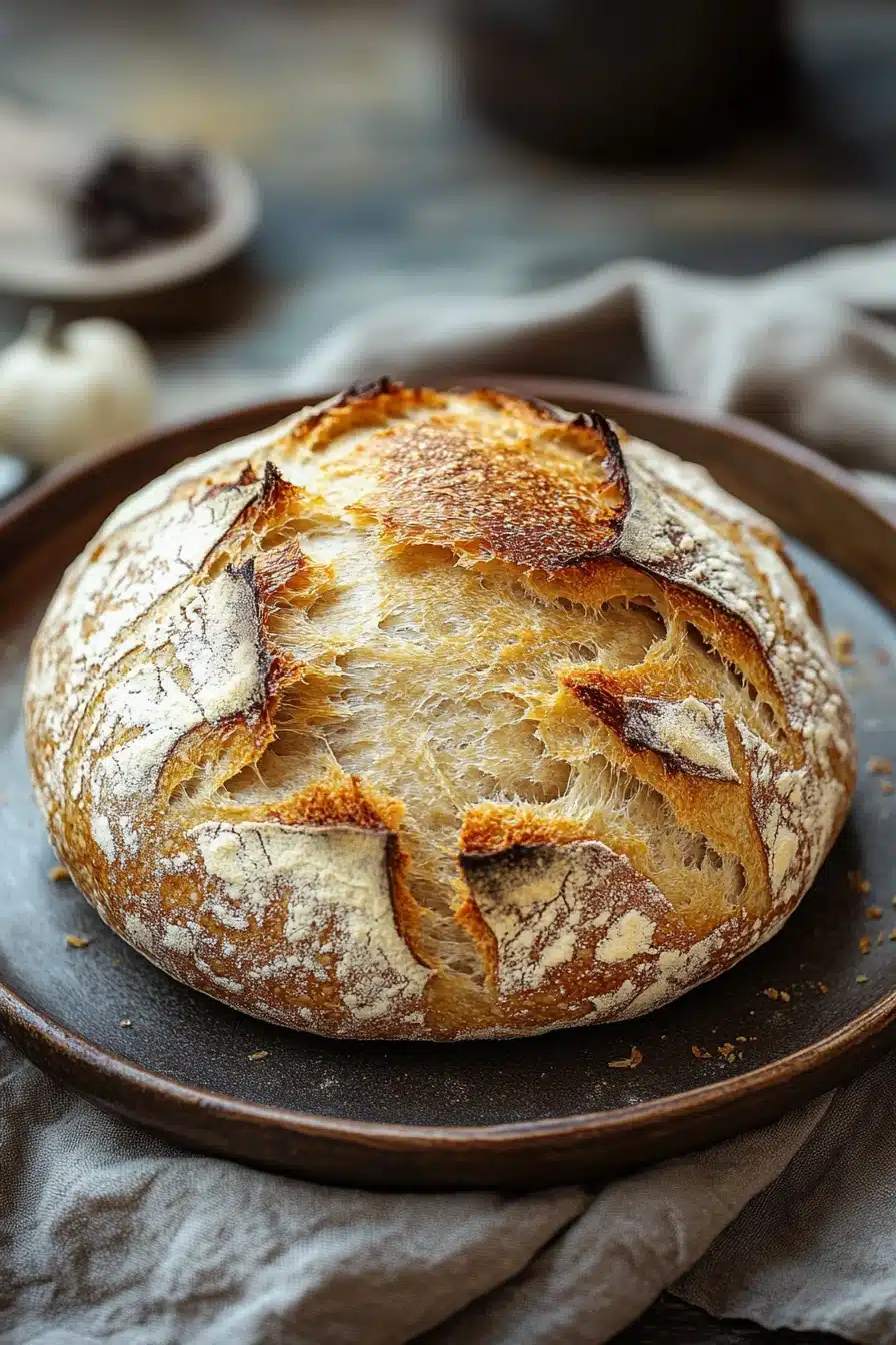 Close-up of golden-brown no knead bread made with active dry yeast on a clean surface