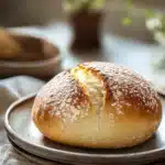 Close-up of a no knead sweet bread with a golden crust on a minimal background.