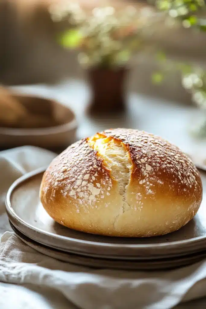 Close-up of a no knead sweet bread with a golden crust on a minimal background.