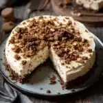 Close-up of oatmeal cookie cheesecake with a creamy texture and golden crust