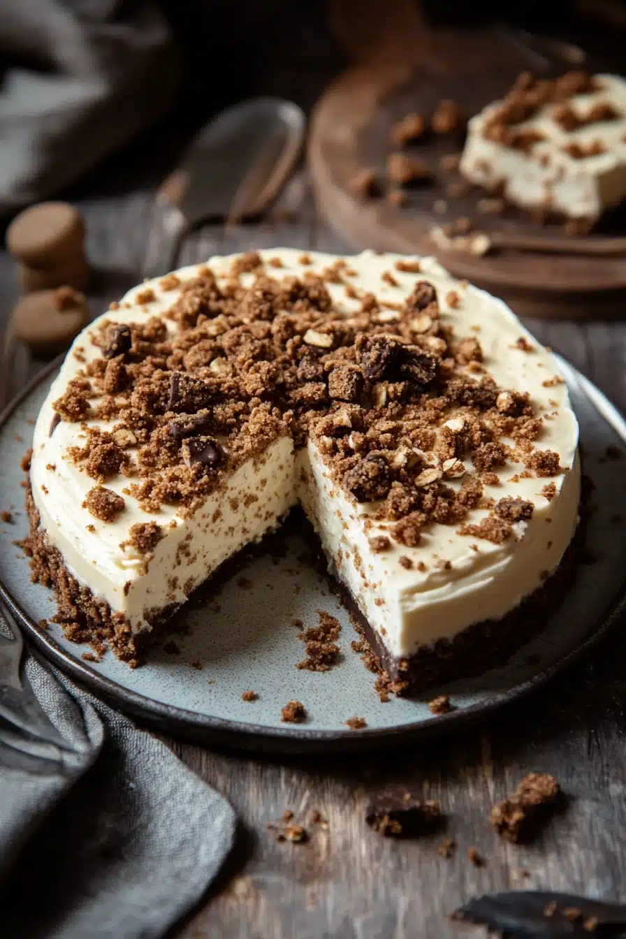 Close-up of oatmeal cookie cheesecake with a creamy texture and golden crust