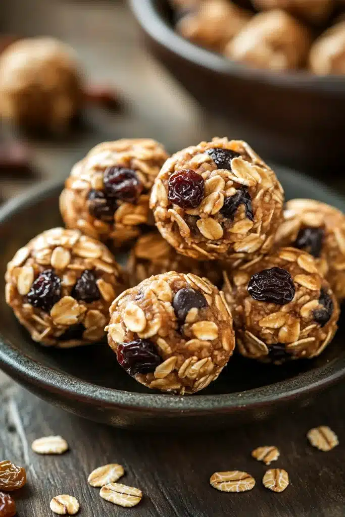 Close-up of oatmeal cookie energy bites on a clean white background