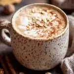 Close-up of an oatmeal cookie latte with frothy milk and cookie crumbles on top.