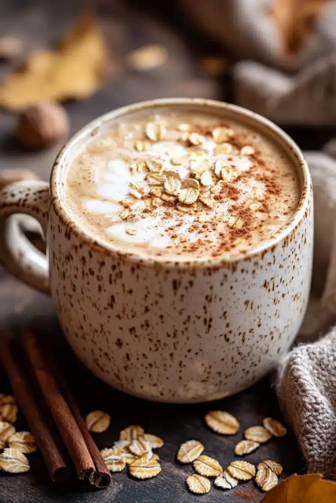 Close-up of an oatmeal cookie latte with frothy milk and cookie crumbles on top.